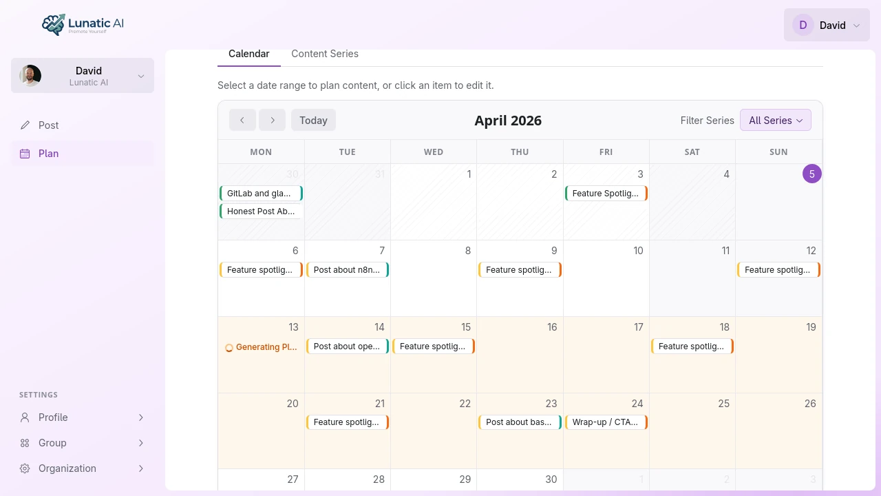 Calendar generating content plan with pulsing highlight