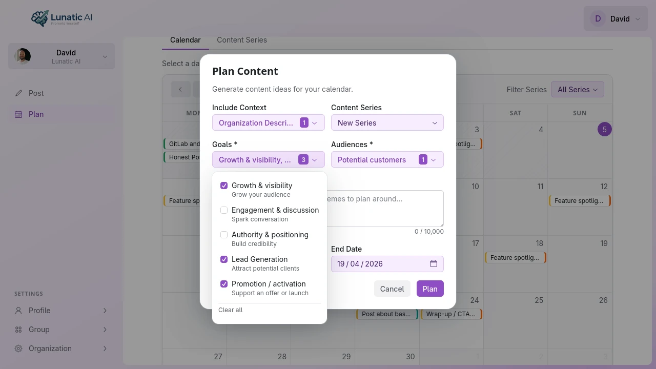 Content planning dialog with goals and audience selection