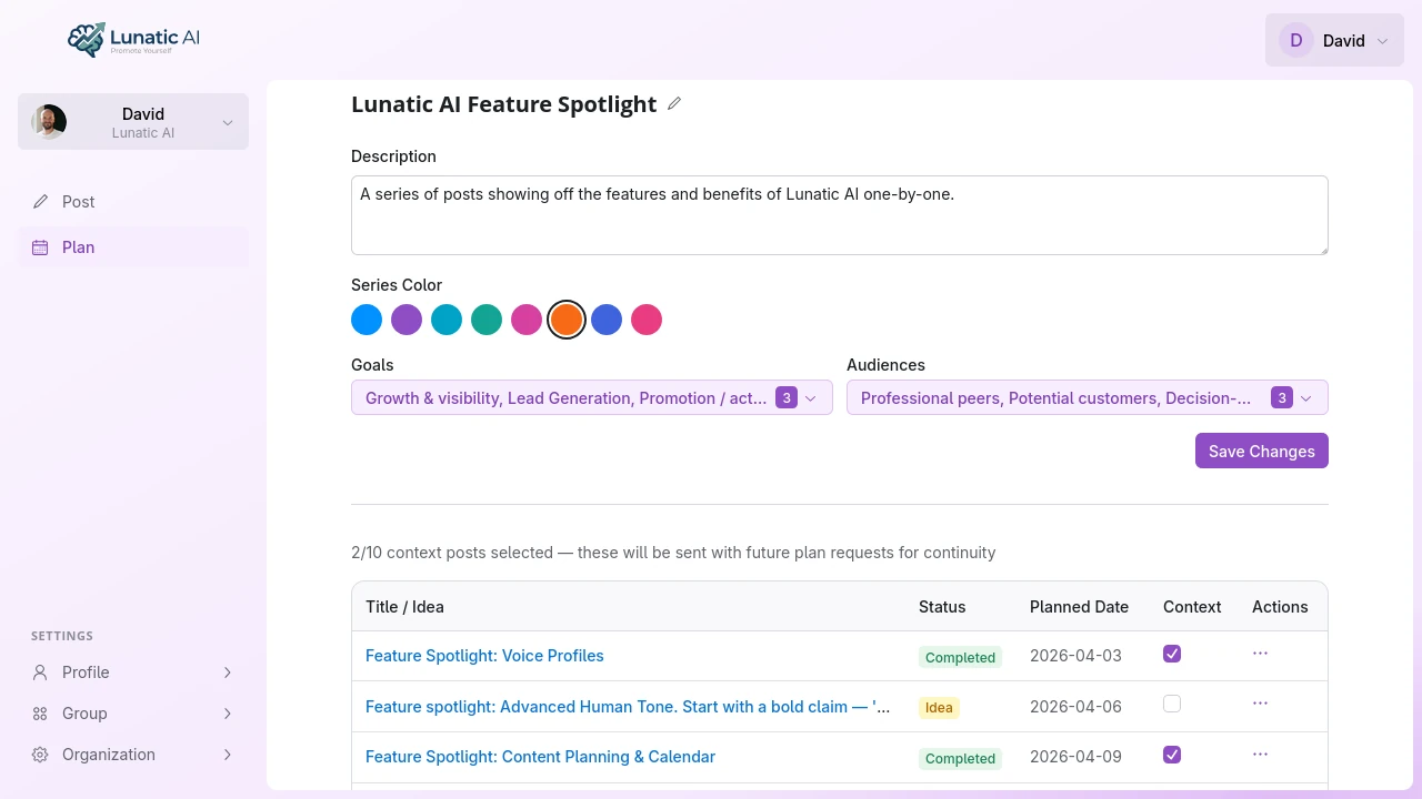 Series detail view with description, goals, audiences, and context posts