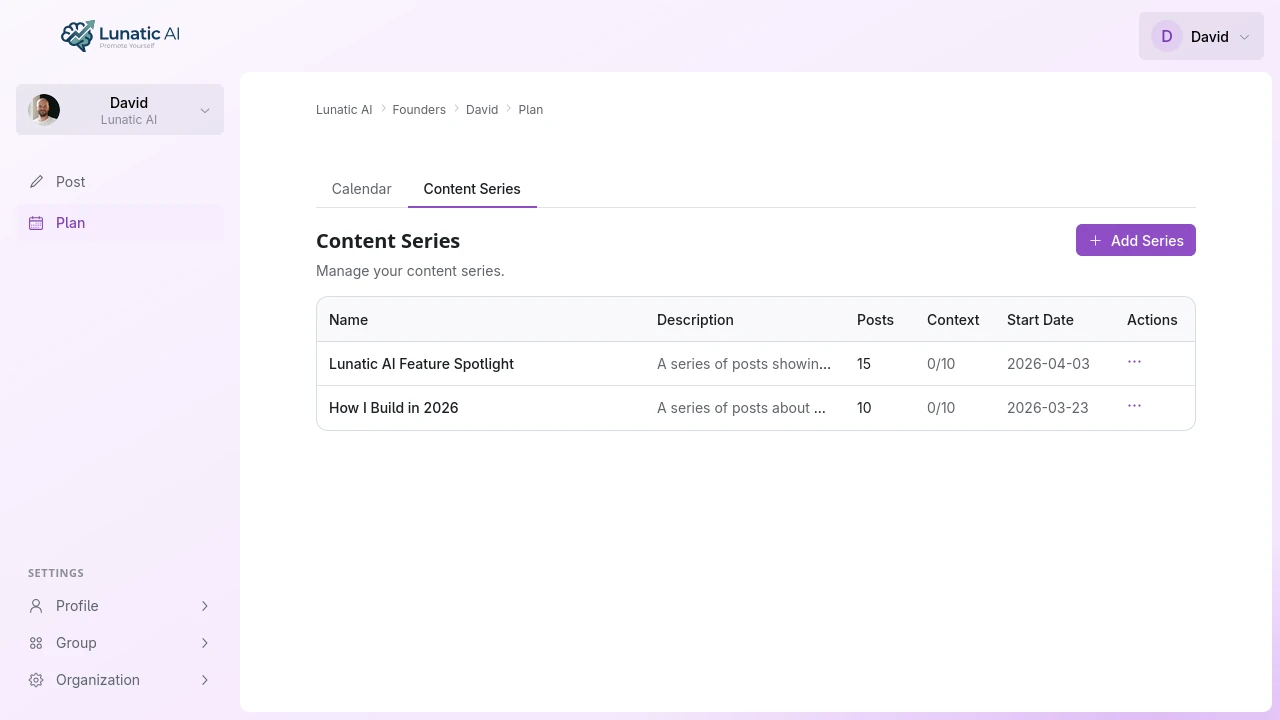 Content series list showing series names, post counts, and colors