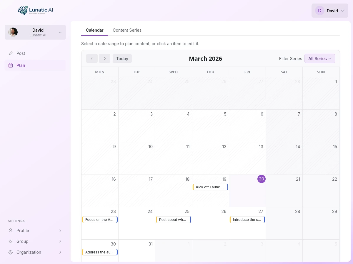 Content calendar with drag-and-drop planning