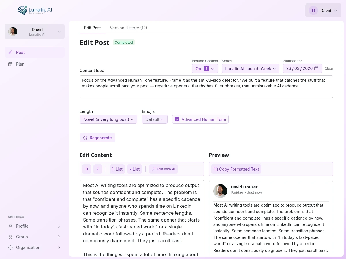 Post editor with LinkedIn preview and AI edit