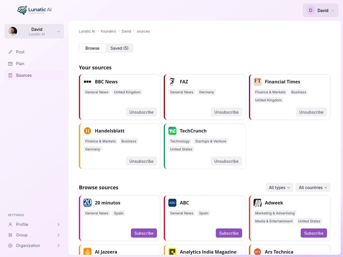 Sources feed with saved items and one-click post generation