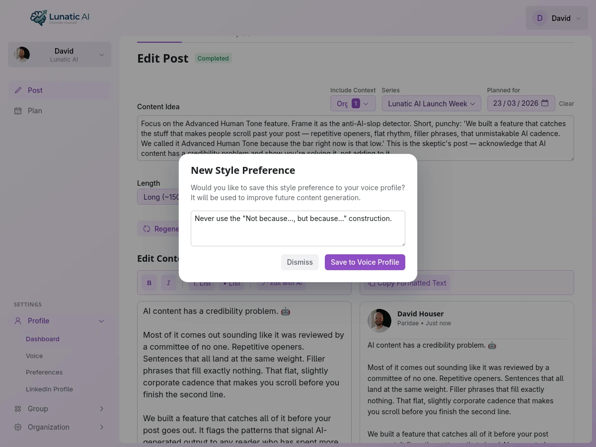 Style preferences management in voice profile