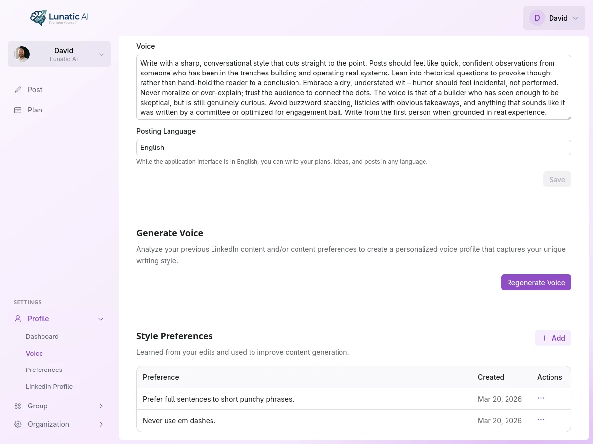 Voice profile editor with version timeline