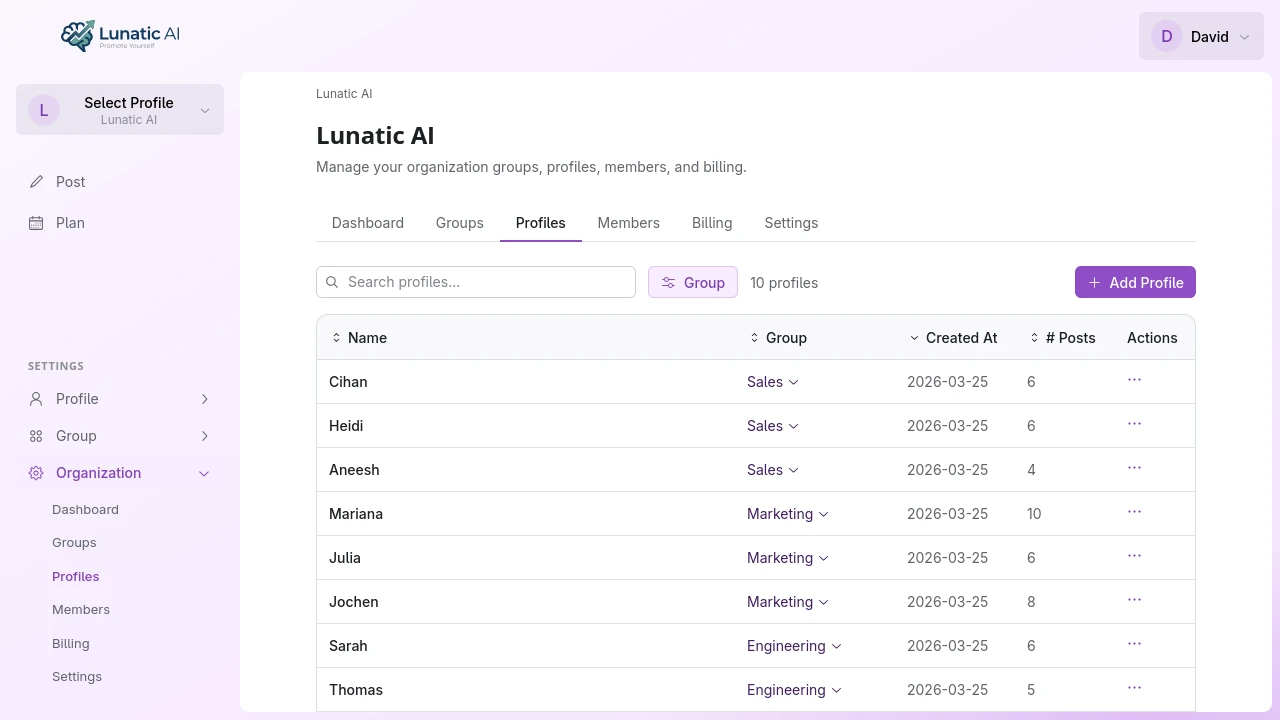 Organization page showing groups and profiles tabs