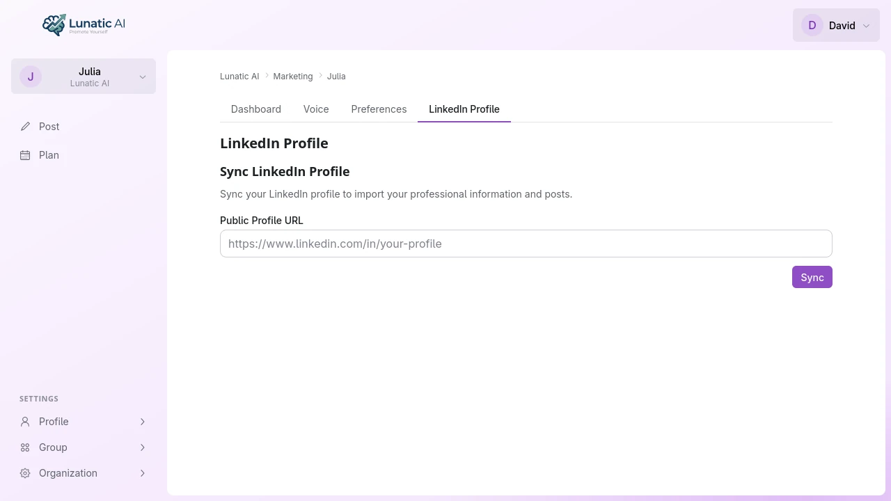 LinkedIn URL input field with sync button