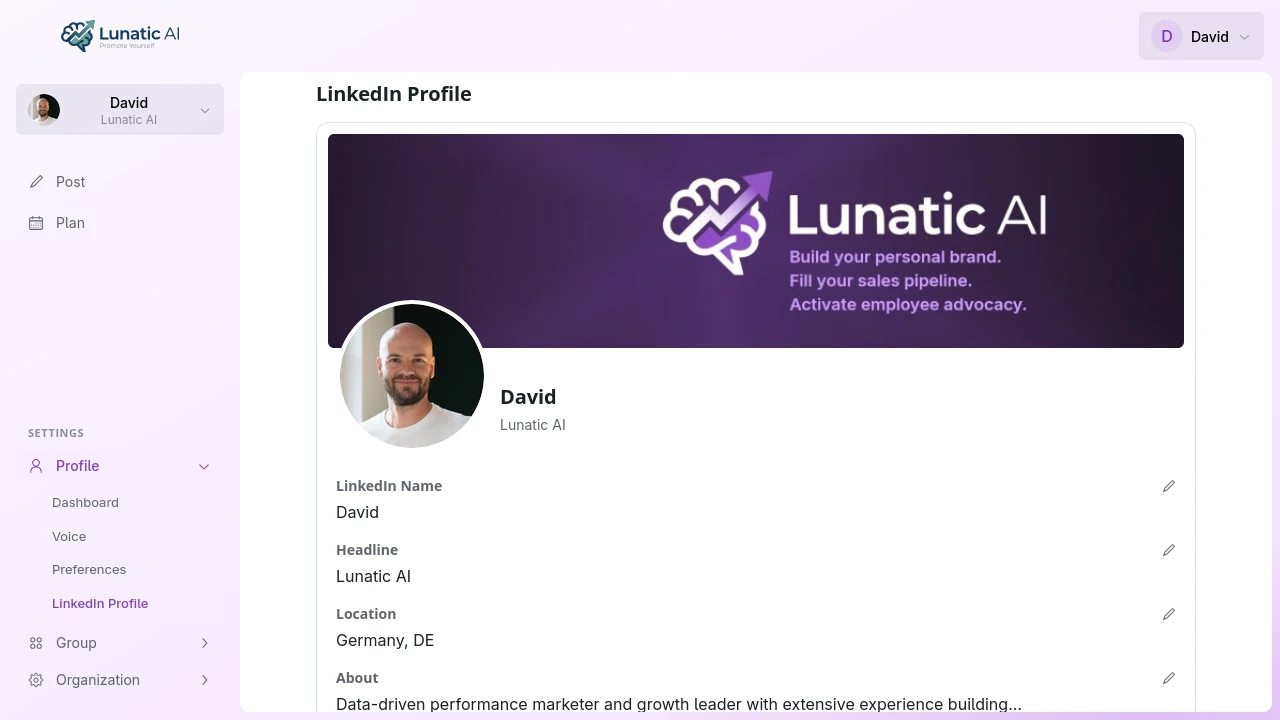 LinkedIn profile card showing synced headline, about section, and avatar