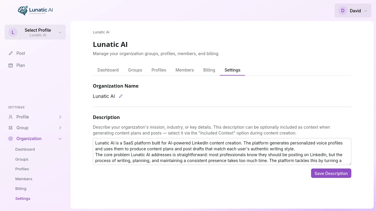 Organization settings showing name and description editing