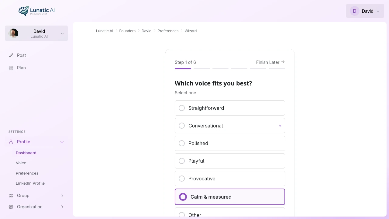 Onboarding questionnaire showing voice fit options