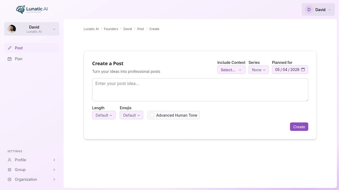 Create post page with idea input and generation options