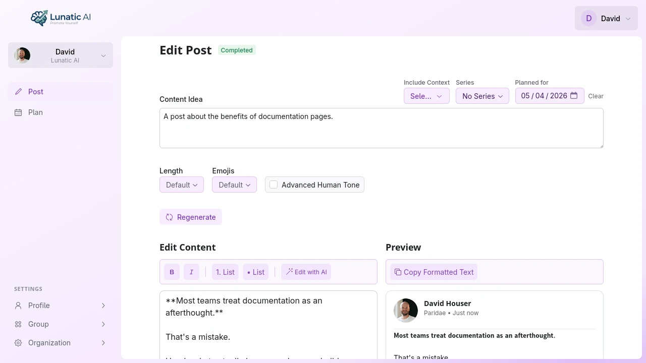 Post editor showing generated content with LinkedIn preview