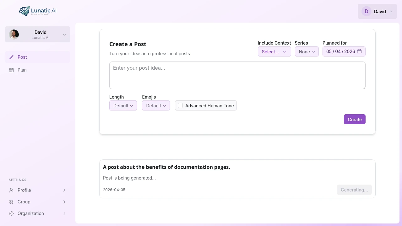 Post generation in progress with loading indicator