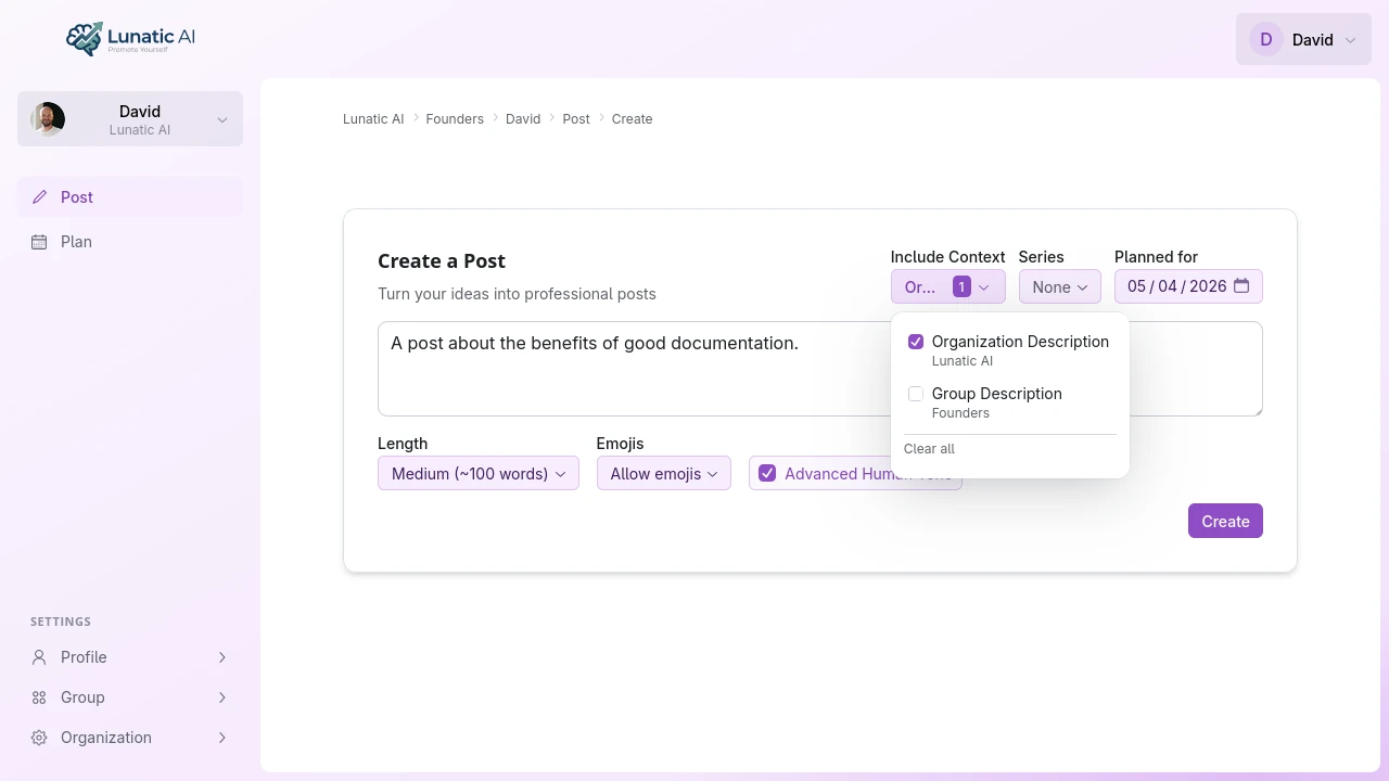 Post enrichment options showing length, emoji, and Advanced Human Tone settings