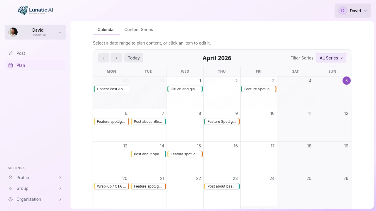 Content calendar with posts planned across the work week