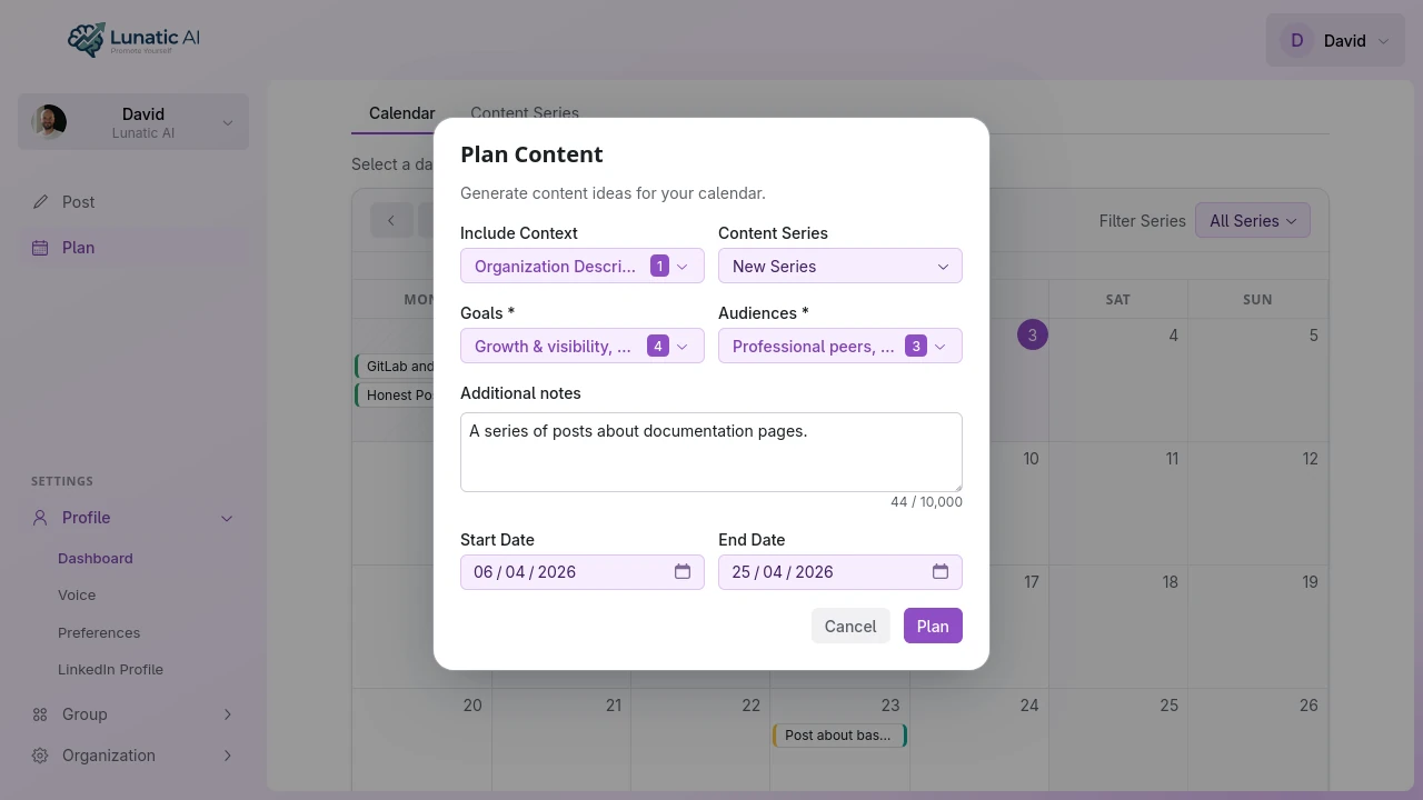 Content calendar showing generated ideas