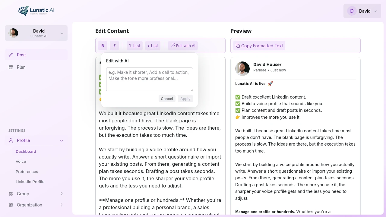 Post editor with LinkedIn preview