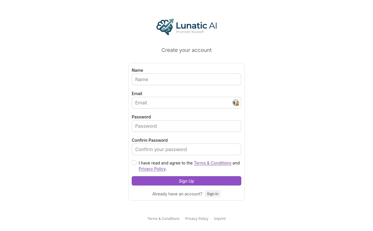 Lunatic AI signup page