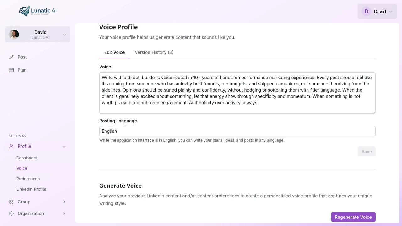 Voice profile editor showing generated voice text
