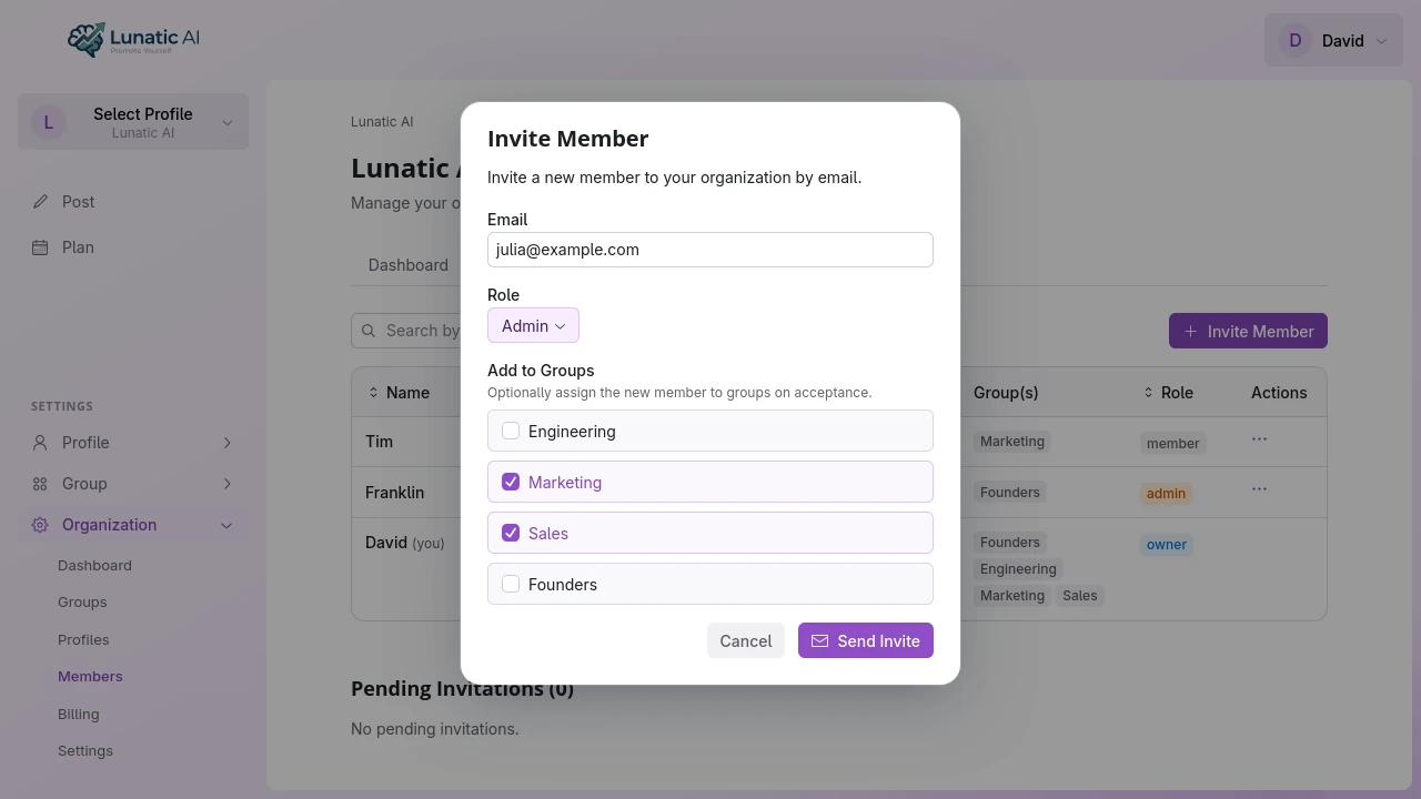 Invite member dialog with role selection and group checkboxes