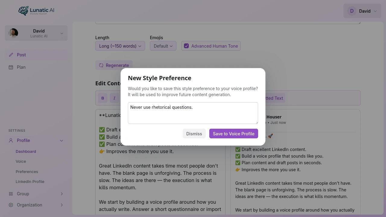 Style preference detected from AI edit with accept or dismiss options