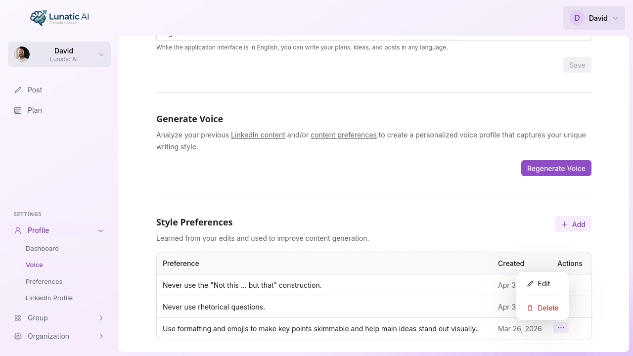 Style preferences list in the Voice tab