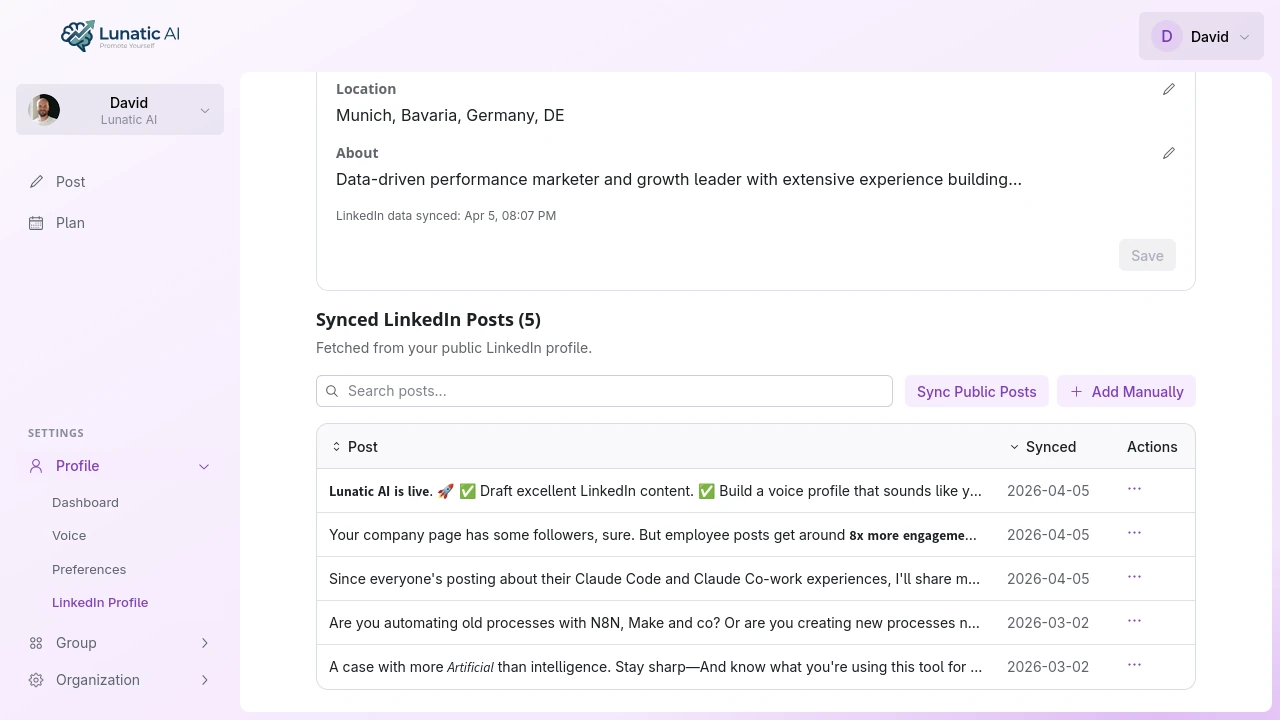 Synced LinkedIn posts table with search and sort options