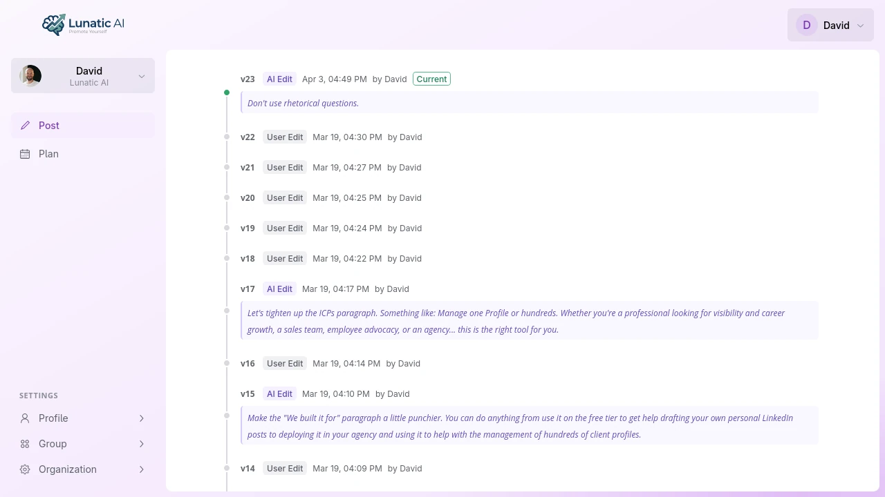 Post version history showing branching timeline with version types