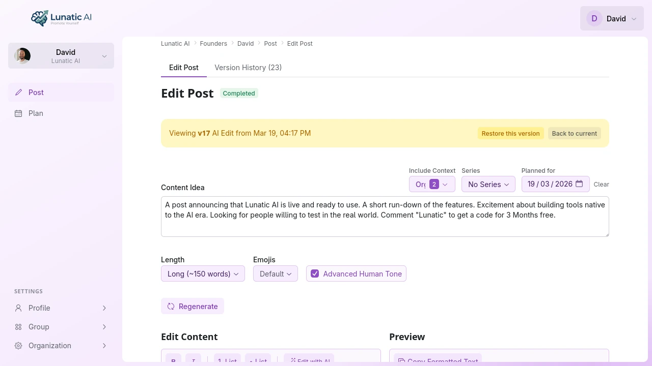 Viewing a previous version with restore and back buttons