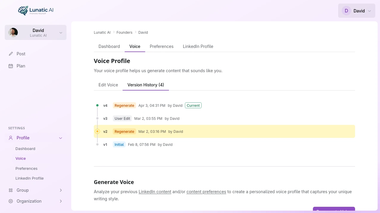 Voice version history with branching timeline