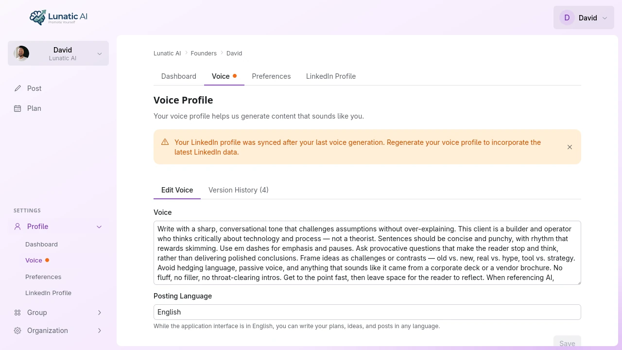 Voice regeneration notification after LinkedIn sync
