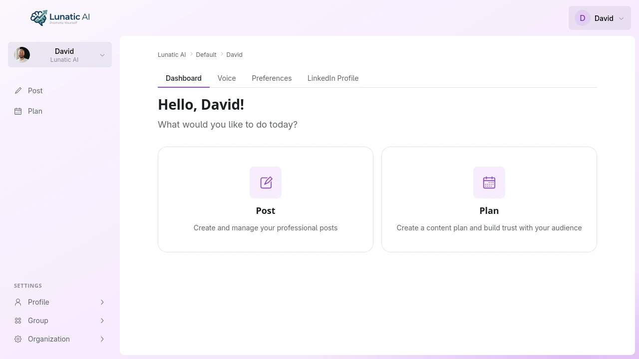 Lunatic AI dashboard showing content calendar and post editor